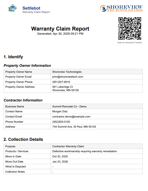 SettleBot warranty claim report PDF — property owner info, contractor details, and collection summary