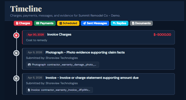 SettleBot timeline — warranty claim charges, supporting documents, and message history for Summit Remodel Co