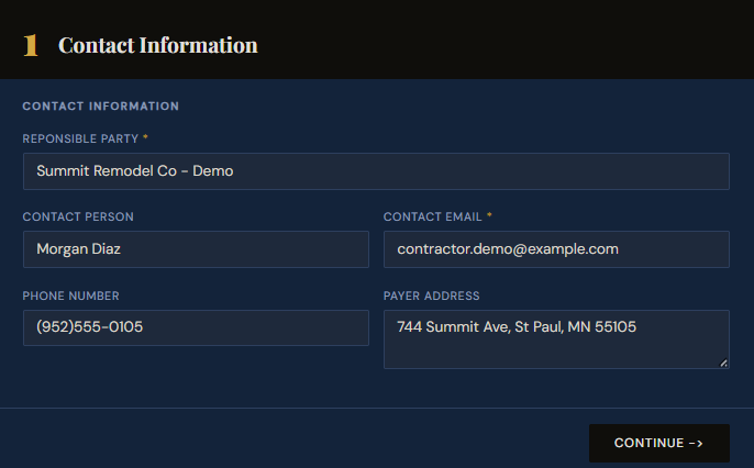 SettleBot claim wizard step 1 — contractor contact information form with business name, email, phone, and address
