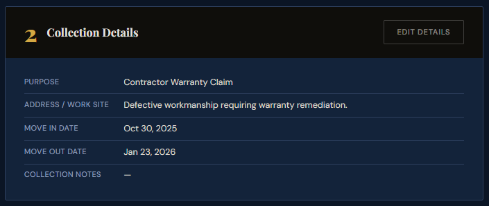 SettleBot claim wizard step 2 — collection details with contractor warranty claim purpose, work site, and project dates