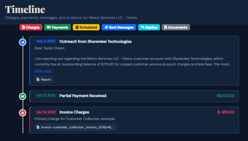 SettleBot timeline — customer collection events logged