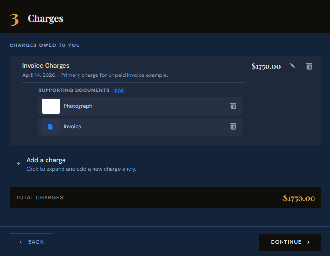 SettleBot claim wizard step 3 — invoice charges with photograph and invoice documents attached